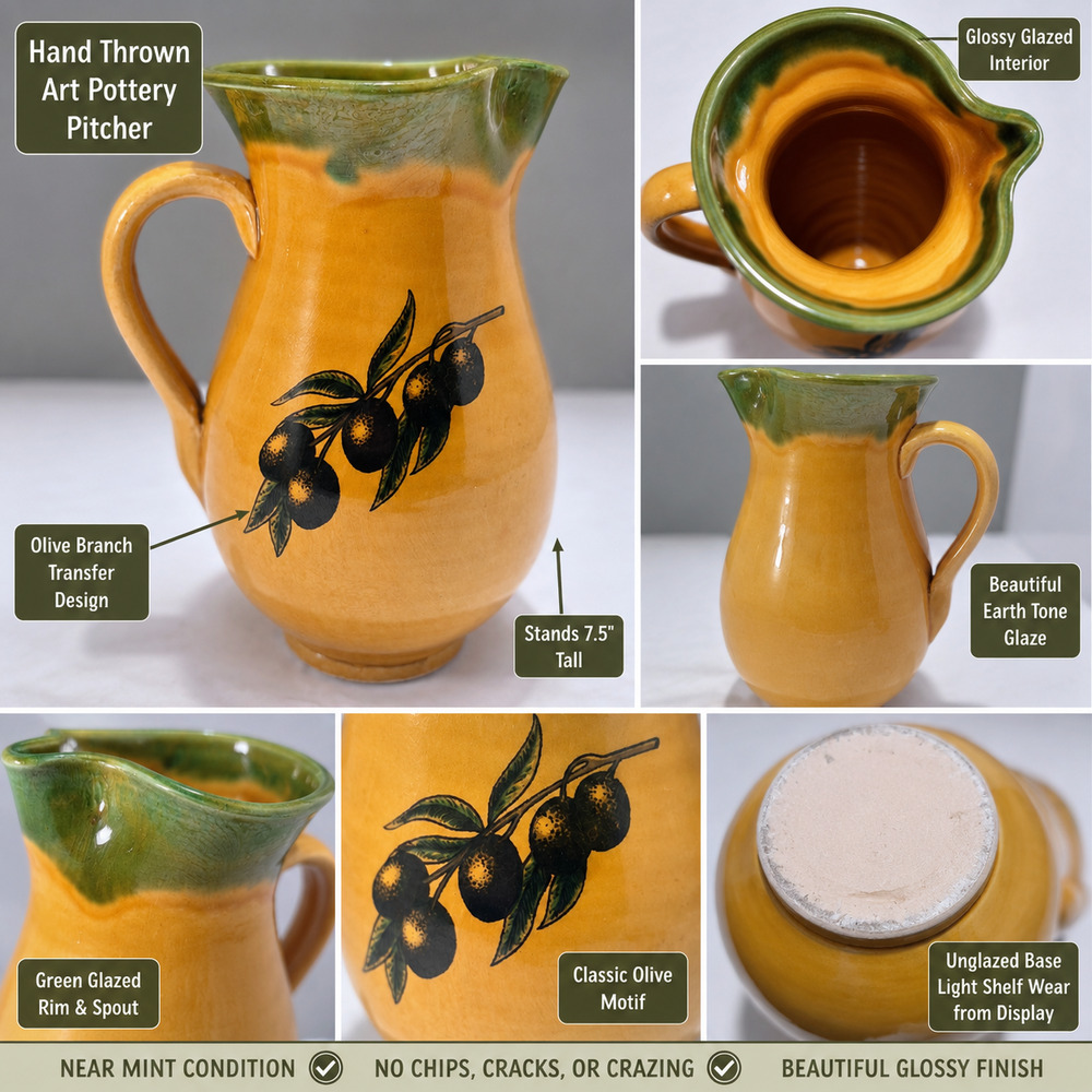 Vintage Hand Thrown Art Pottery Olive Branch Pitcher 7.5" Green Rim Rustic Jug